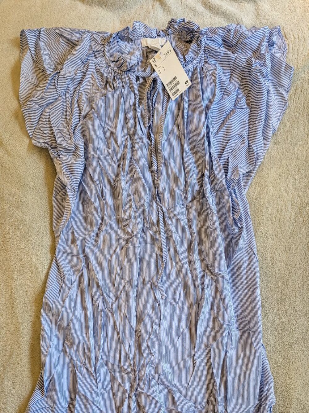 NEW H&M WOMENS BLOUSE S Small Short Sleeve Ruffle White Blue Stripes Mama Stripe